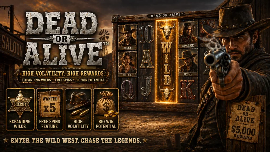 Dead or Alive slot banner featuring a Wild West gunslinger, wooden reels with expanding wild symbols, dusty saloon backdrop, and high-volatility gameplay with free spins and big win potential.