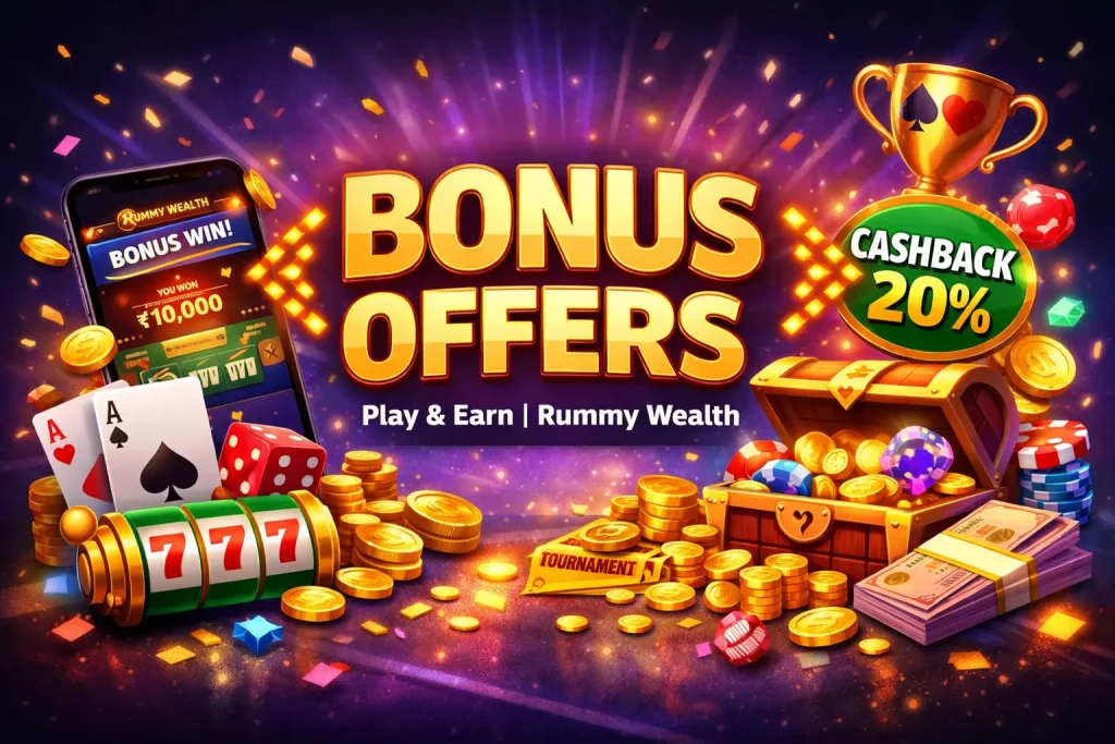 Rummy Wealth bonus offers banner with gold coins, cards, jackpot slot, cashback badge, and reward symbols on a colorful background