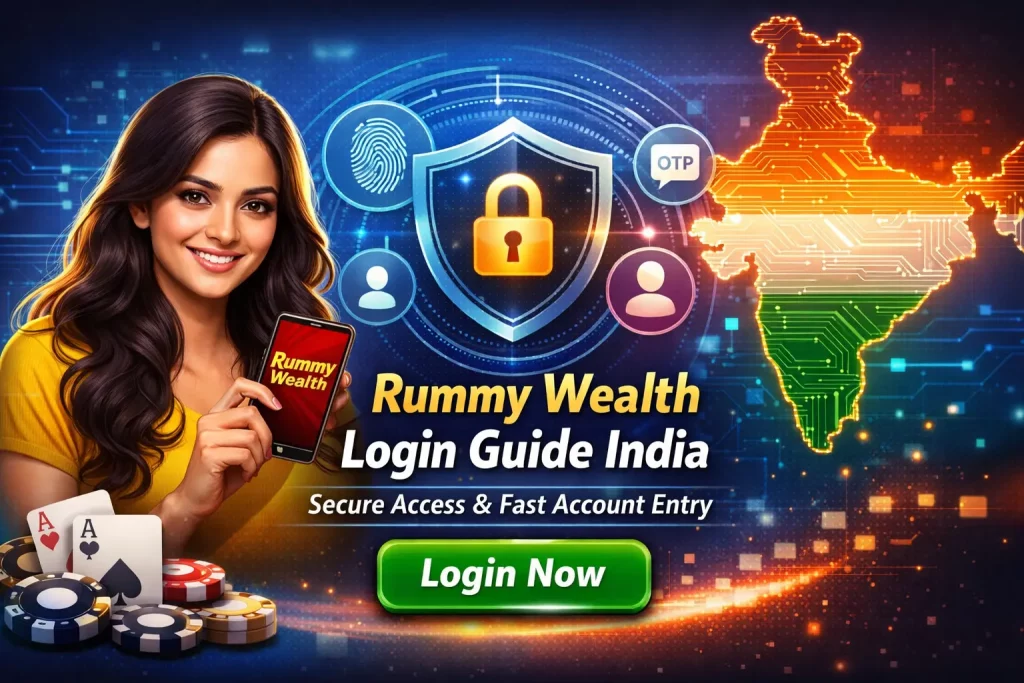 Rummy Wealth login guide India banner with secure account access and fast entry on mobile device