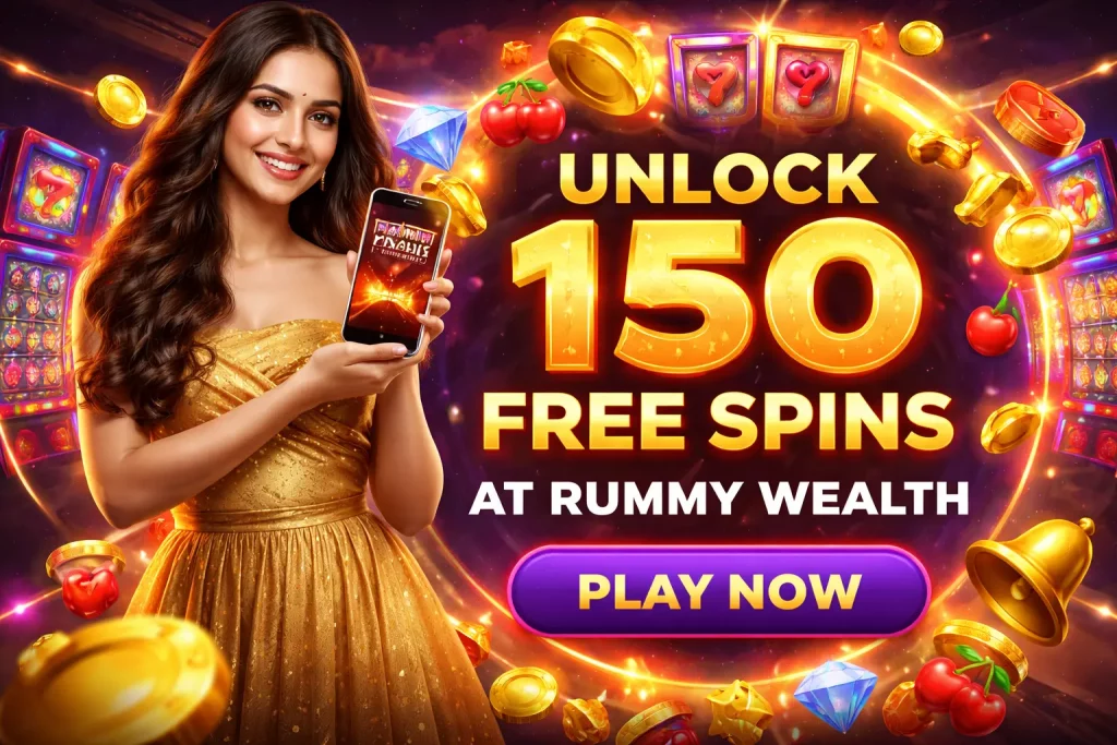 Rummy Wealth banner with 150 free spins offer, featuring a woman holding a smartphone, gold coins, slot symbols, and bright bonus graphics