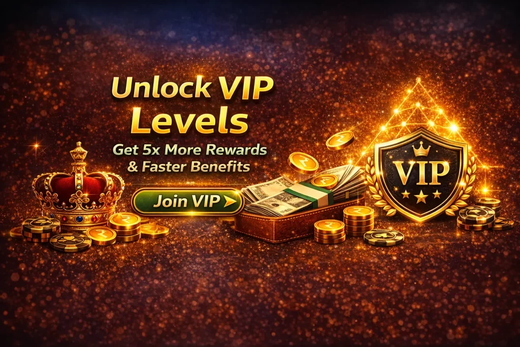 Rummy Wealth VIP program banner with luxury gold design, crown, coins, VIP badge, and join button highlighting premium rewards and exclusive benefits