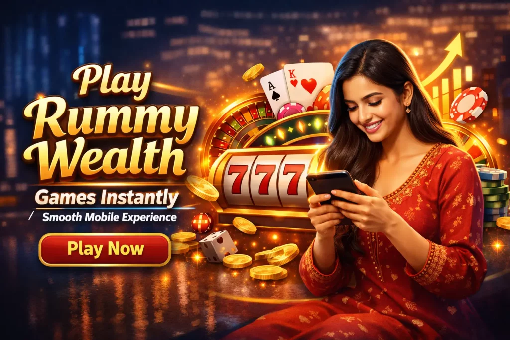 Rummy Wealth Games banner with mobile gameplay, slot machine, gold coins, cards, and player using smartphone on a dark background