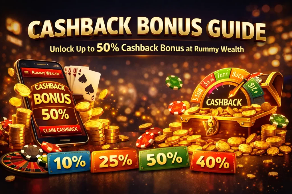 Rummy Wealth cashback bonus banner featuring 50% cashback offer, gold coins, casino chips, playing cards, and mobile gameplay in a glowing casino-style scene