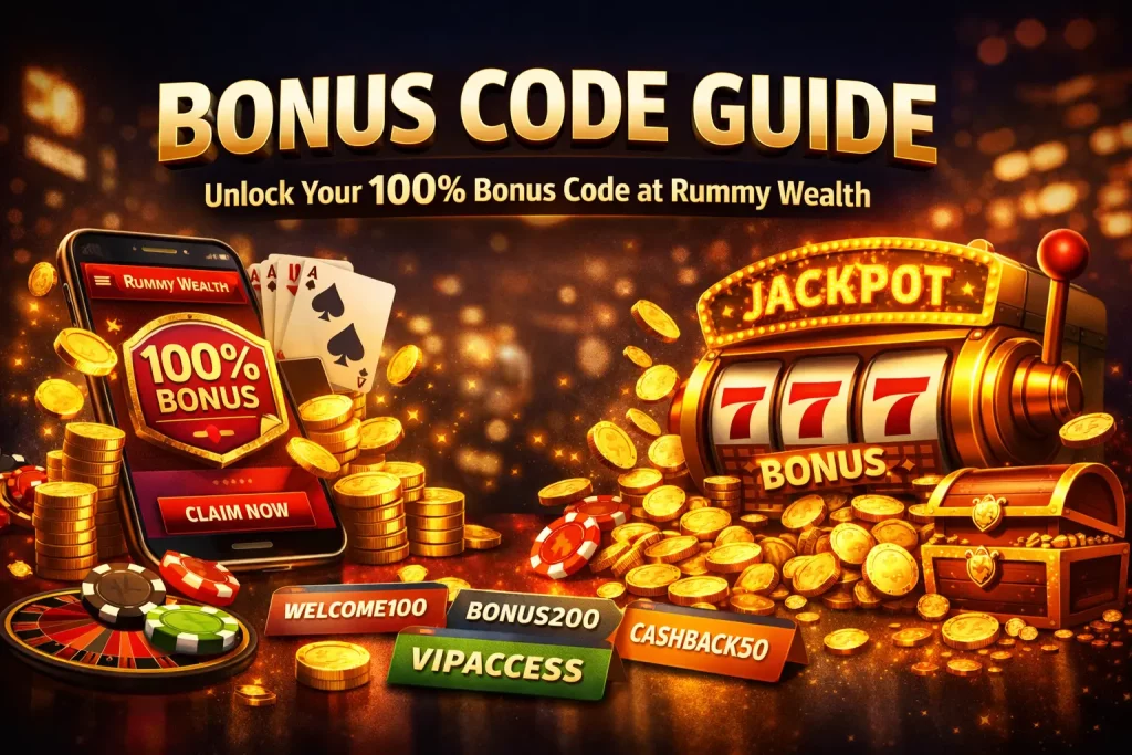 Rummy Wealth bonus code banner with 100% bonus, gold coins, slot machine jackpot, playing cards, and mobile gameplay in a bright casino-style scene