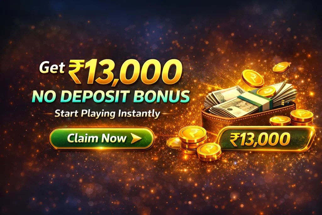 Rummy Wealth ₹13,000 no deposit bonus banner with glowing background, coins, rupee cash, and claim button for Indian players