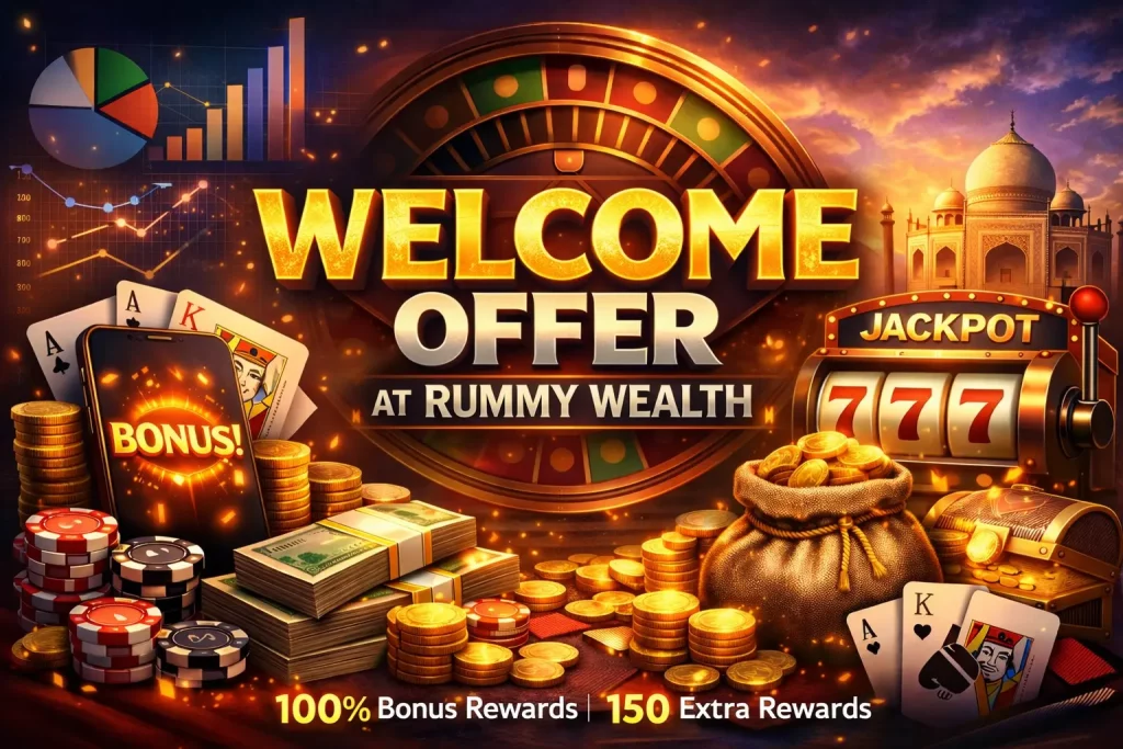 Rummy Wealth welcome offer banner with 100% bonus rewards, gold coins, casino chips, jackpot slot machine, playing cards, and mobile gameplay in a glowing casino-style scene