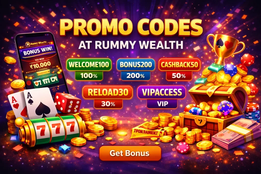 Rummy Wealth promo codes banner with bonus codes, gold coins, playing cards, slot machine, and reward icons on a vibrant background