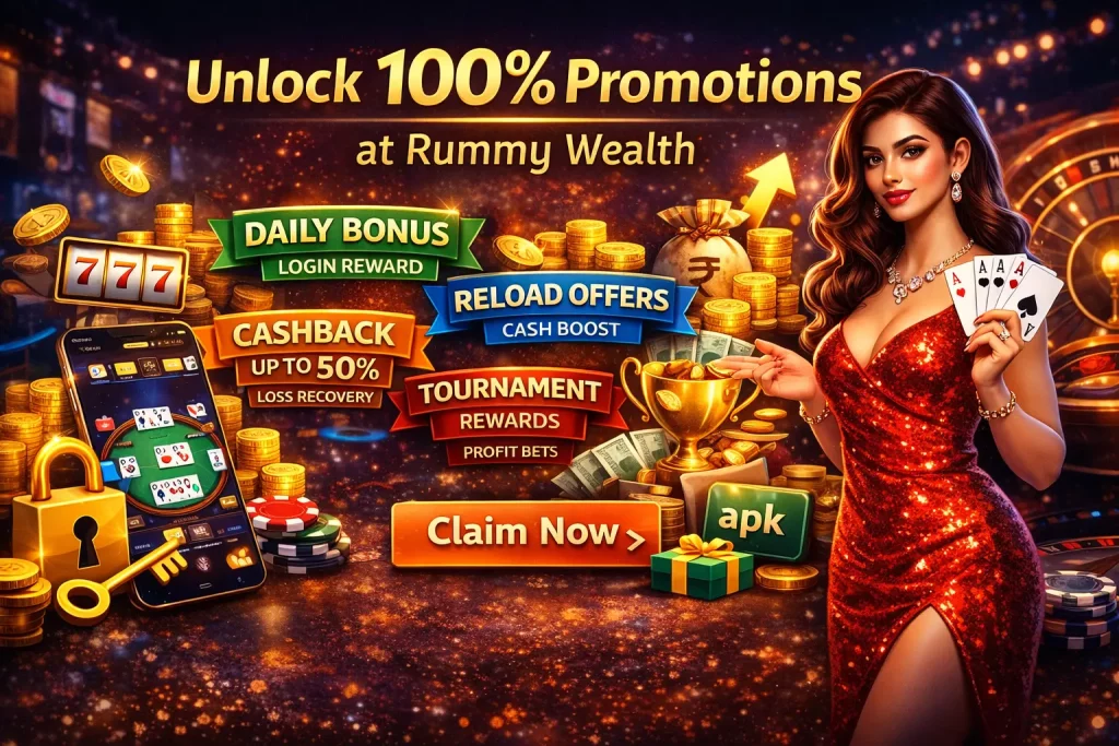 Rummy Wealth promotions banner featuring 100% bonus offer, daily bonus, cashback, reload offers, and tournament rewards with coins, cards, mobile gameplay, and a luxury casino-style background.