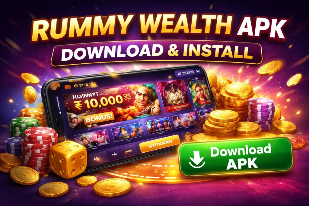 Rummy Wealth APK download banner with mobile phone, gaming interface, and casino elements on a dark background