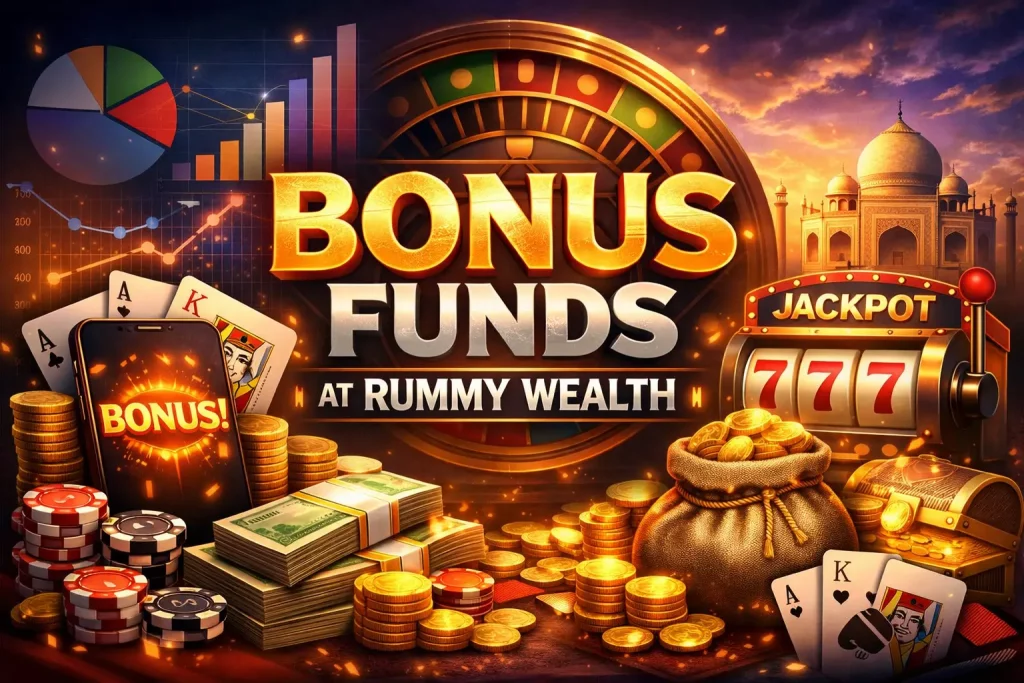 Rummy Wealth bonus funds banner featuring gold coins, cash stacks, casino chips, jackpot slot machine, playing cards, and mobile gameplay in a glowing casino-style scene