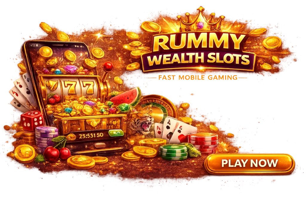 Rummy Wealth Slots banner with mobile slot game, gold coins, cards, and casino elements on a dark background