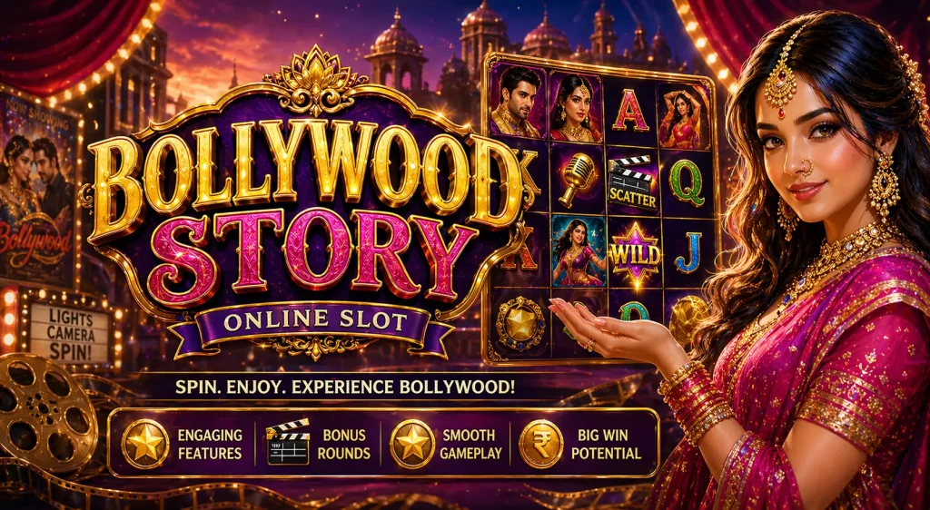 Bollywood Story slot banner featuring a glamorous Bollywood-style actress, colorful reels with scatter and wild symbols, cinematic lights, and vibrant gold and purple design highlighting bonus rounds and smooth gameplay.