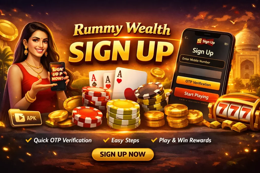 Rummy Wealth sign up banner with mobile registration screen, poker chips, cards and Indian themed casino background