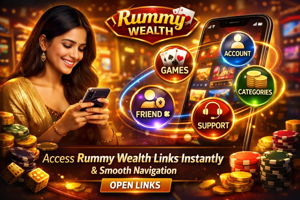 Rummy Wealth Links banner with mobile navigation, gaming icons, gold coins, and user accessing platform on smartphone