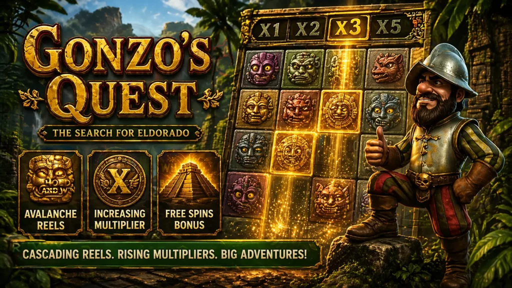 Gonzo’s Quest slot banner featuring jungle ruins, explorer character, cascading reels with glowing symbols, and increasing multipliers highlighting avalanche gameplay and bonus features.