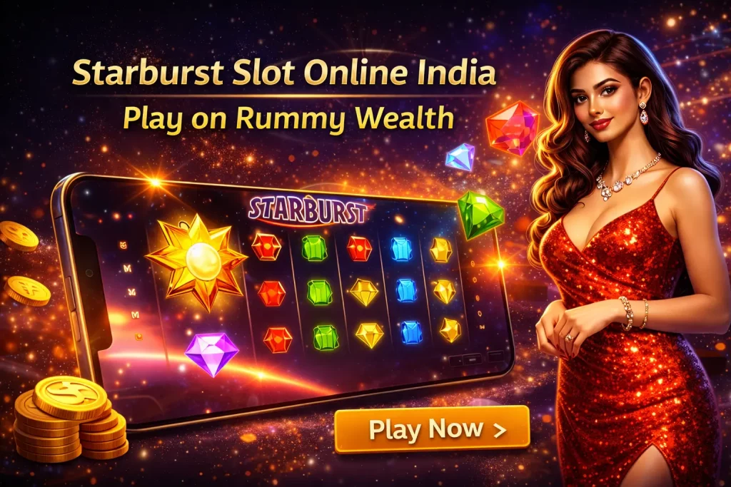 Starburst slot banner for Rummy Wealth India featuring colorful gem reels on a smartphone, glowing cosmic background, coins, and a glamorous woman, highlighting online slot gameplay and “Play Now” action.