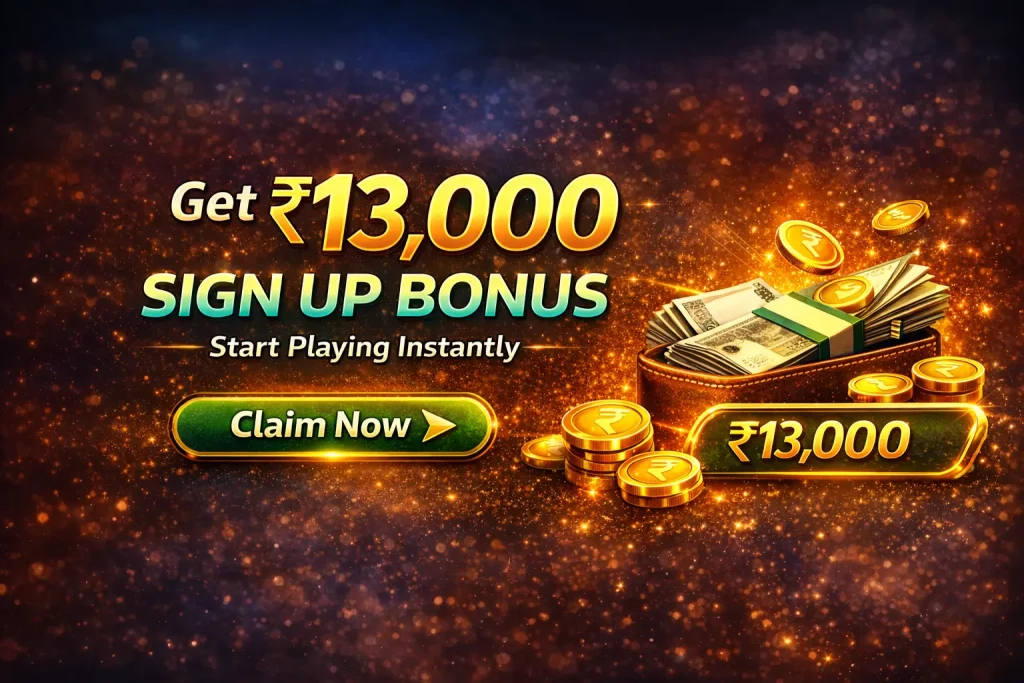 Rummy Wealth ₹13,000 sign up bonus banner with glowing background, coins, cash, and claim button for Indian players