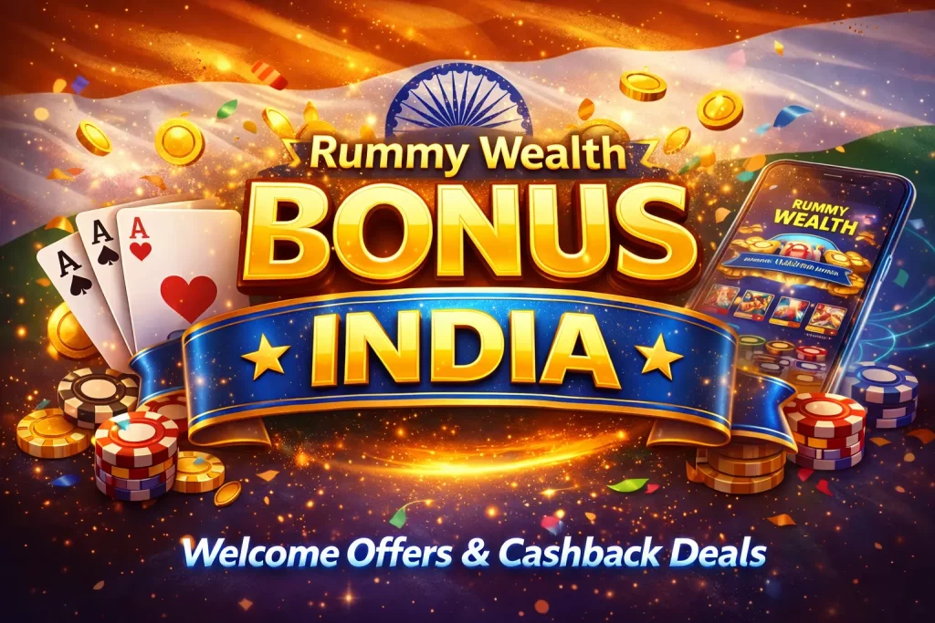 Rummy Wealth bonus India banner with welcome offers, cashback deals and rewards on mobile gaming interface