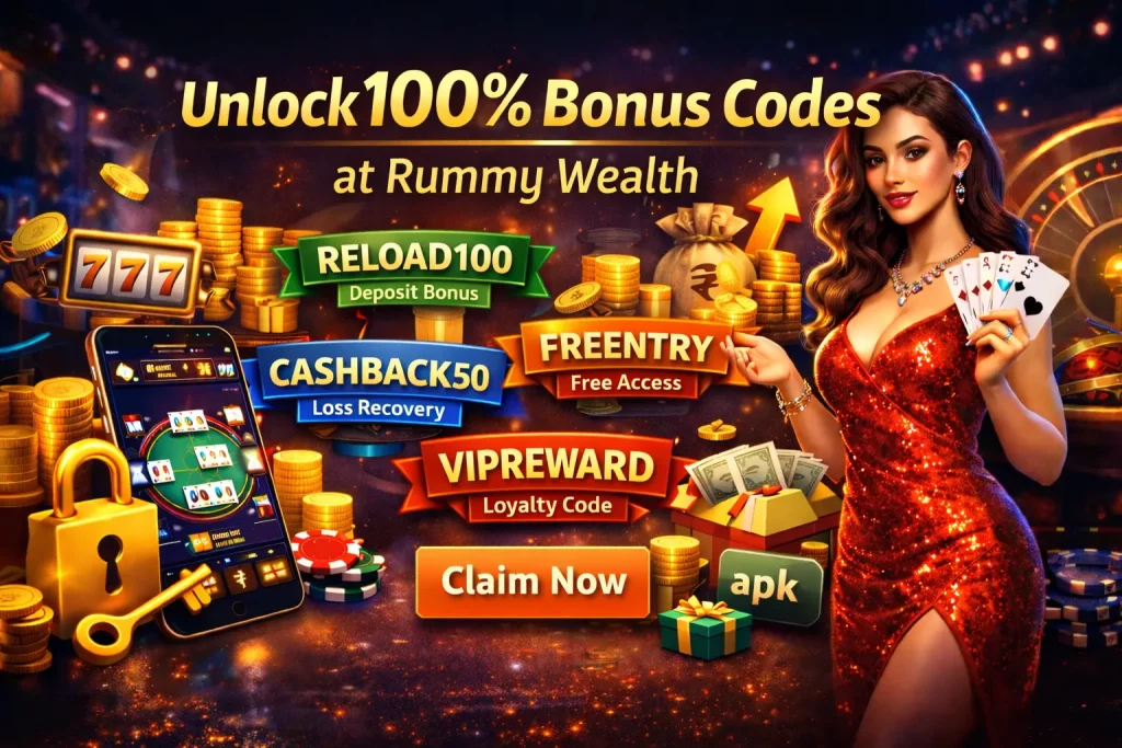 Rummy Wealth bonus codes banner showing 100% bonus with reload, cashback, free entry, and VIP rewards, featuring a woman holding cards, smartphone gameplay, coins, and casino elements in a vibrant scene.