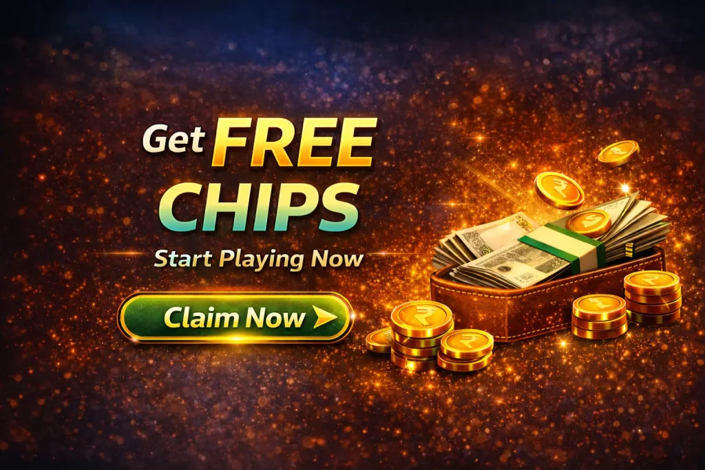 Rummy Wealth free chips promotional banner with glowing background, gold coins, cash, and claim button encouraging players to start playing