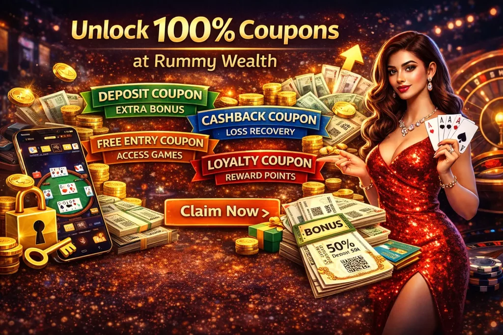 Rummy Wealth coupons banner featuring 100% coupon offer with deposit bonus, cashback, free entry, and loyalty rewards, alongside cards, coins, cash stacks, and mobile gameplay in a vibrant casino-style scene.