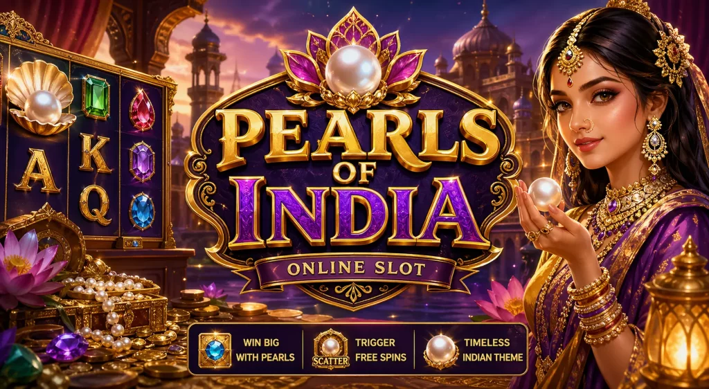 Pearls of India slot banner featuring a luxurious Indian palace setting, glowing pearl symbols, ornate gold reels, colorful gemstones, and an elegant woman holding a pearl, highlighting bonus spins and rich gameplay.