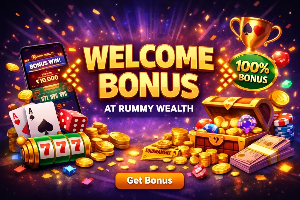 Rummy Wealth welcome bonus banner with gold coins, playing cards, mobile app screen, and bonus rewards on a vibrant background