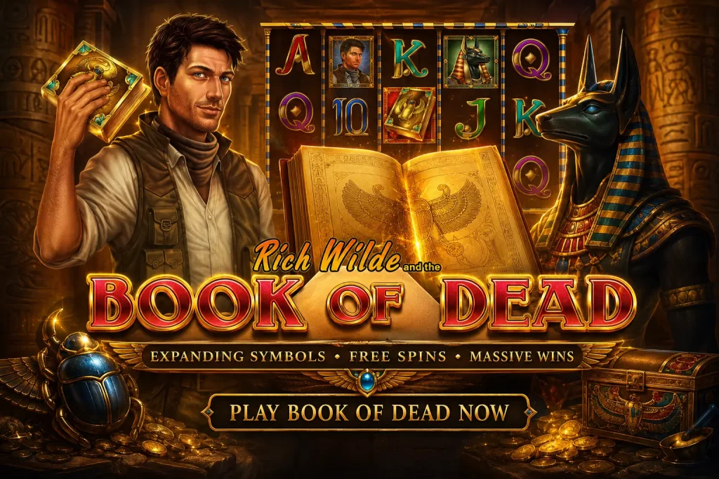 Adventurer holding a glowing ancient book inside an Egyptian temple with Book of Dead slot reels, golden treasures, Anubis statue, and dramatic casino-style lighting.