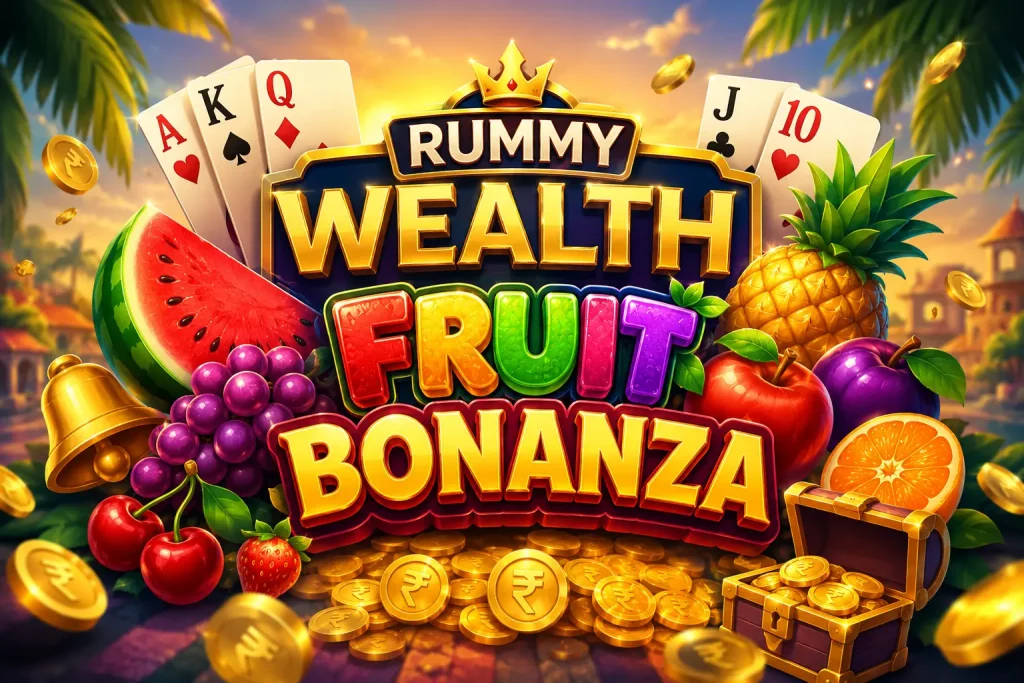 Bright landscape promotional artwork for ‘Rummy Wealth Fruit Bonanza’ featuring a large golden logo with colorful neon-style lettering in the center. Surrounding the title are tropical fruits including pineapple, watermelon, grapes, oranges, apples, plums, cherries, playing cards, floating gold coins, and a treasure chest filled with coins. The tropical sunset background with palm trees creates a vibrant casino-style atmosphere of wealth and excitement.