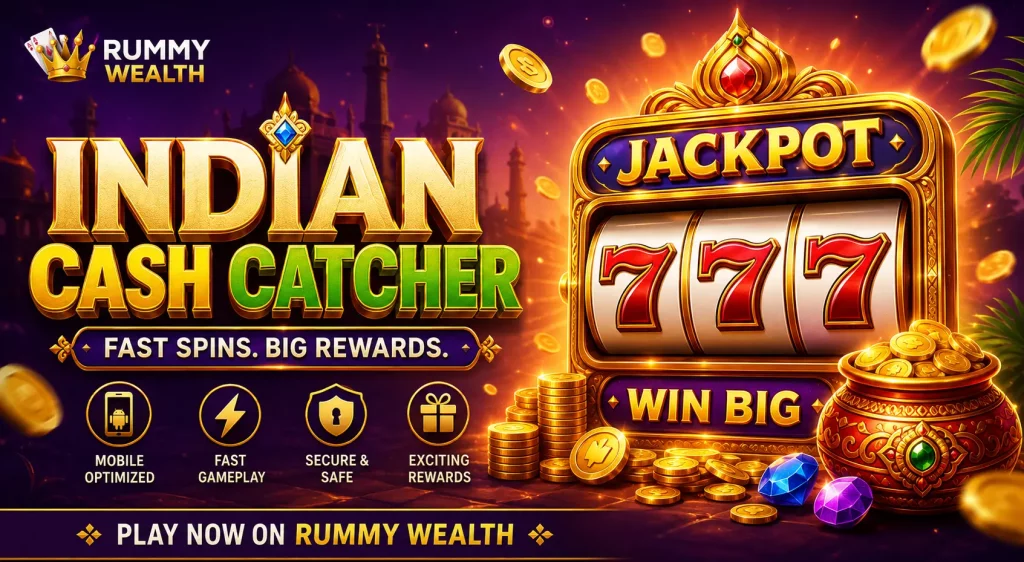 Indian Cash Catcher slot banner with golden jackpot machine, flying coins, glowing gems, and Rummy Wealth branding on a vibrant purple casino background.