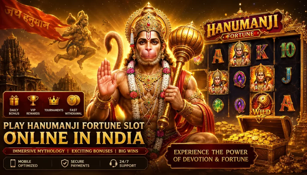 Golden Hanumanji-themed casino banner showing Hanumanji holding a mace in a glowing temple environment with slot game reels, treasure chests, and bonus symbols, promoting “Hanumanji Fortune Slot Online India” on Rummy Wealth with a rich mythological and casino fusion design.