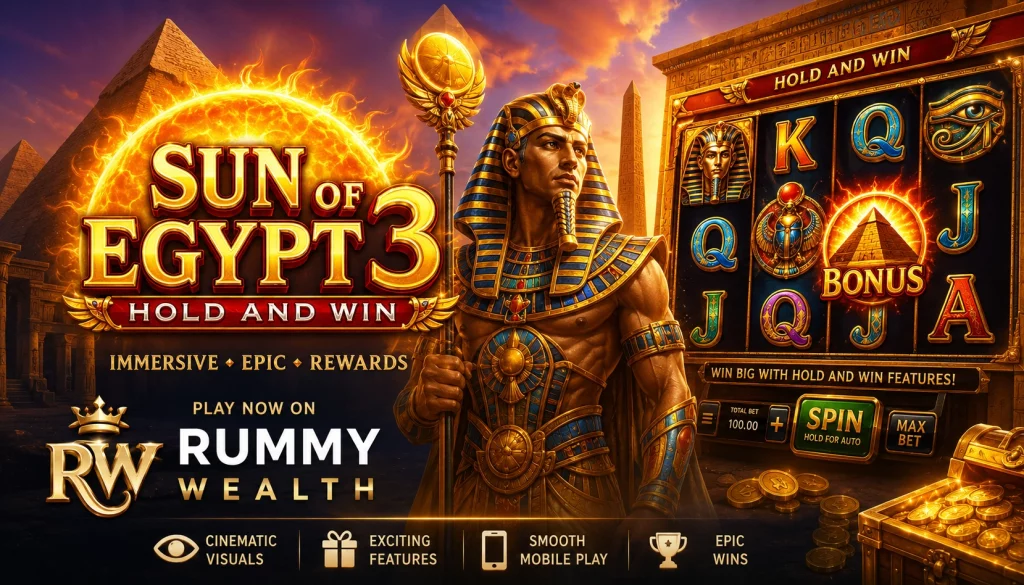 Sun of Egypt 3 slot banner on Rummy Wealth featuring an Egyptian pharaoh, glowing pyramids, golden casino reels, and cinematic ancient treasure visuals.