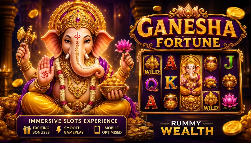 Ganesha Fortune slot game banner featuring Lord Ganesha surrounded by golden coins, a glowing slot machine interface, and rich purple-gold casino-themed visuals promoting an immersive mobile gaming experience.
