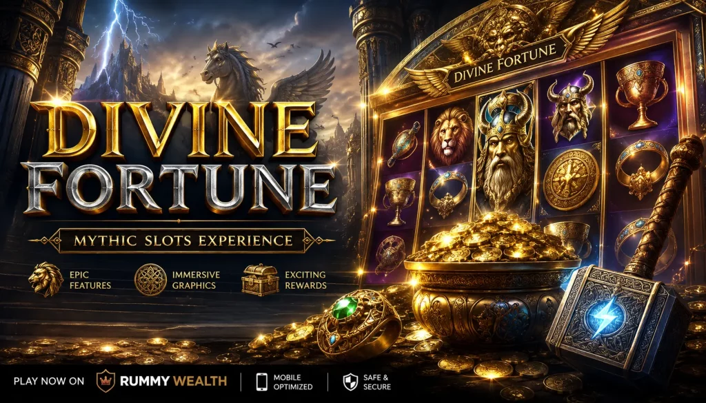 Mythology-themed Divine Fortune slot promotional banner featuring a golden Norse-inspired temple, treasure-filled slot machine, and cinematic fantasy atmosphere with dramatic lighting and epic visual effects