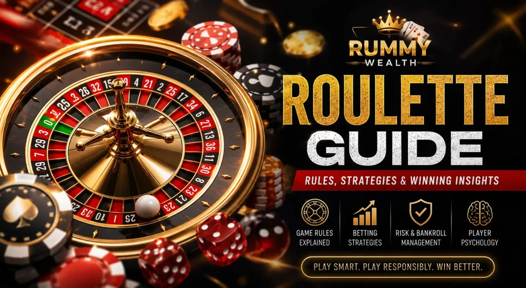 Casino-style promotional banner for a roulette guide featuring a gold roulette wheel, poker chips, and dark luxury background, highlighting “Roulette Guide” branding with strategy sections such as rules, betting strategies, risk and bankroll management, and player psychology in a high-contrast modern gambling design.
