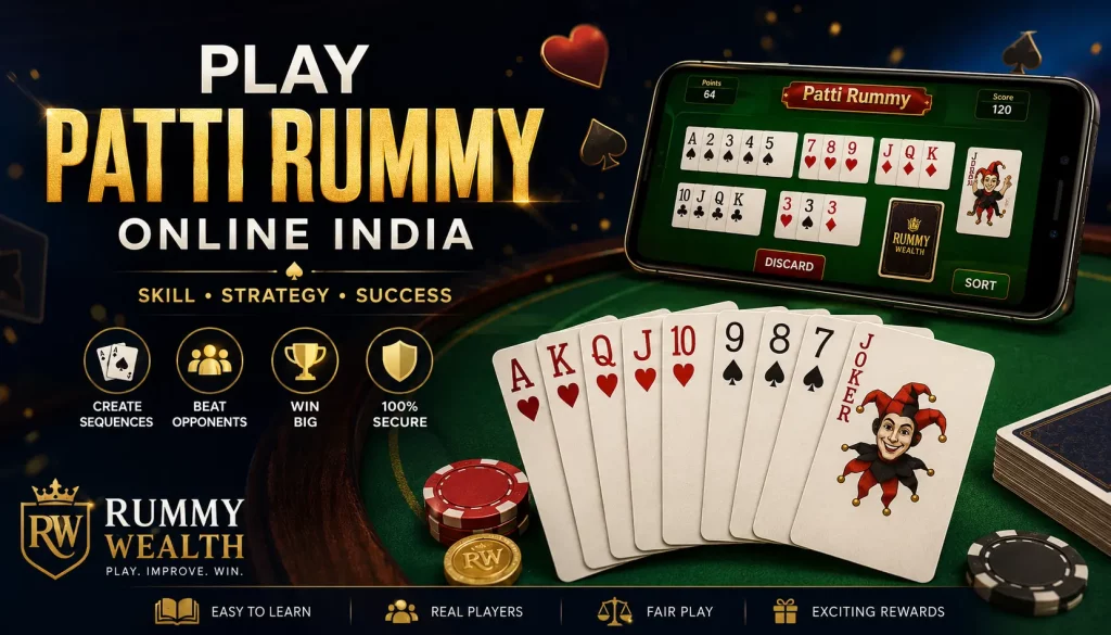 Patti Rummy online card game illustration featuring playing cards, strategic card combinations, glowing gaming table, colorful chips, and a premium casino-style atmosphere for Rummy Wealth.