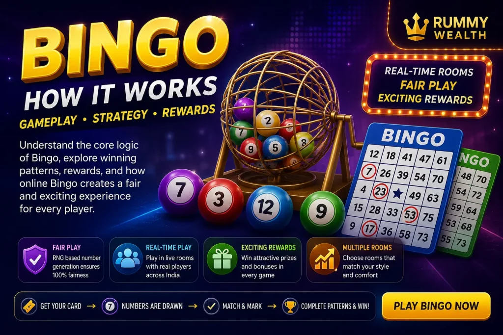 Futuristic online Bingo gaming interface with glowing number balls, digital Bingo cards, and neon multiplayer elements on a dark background.