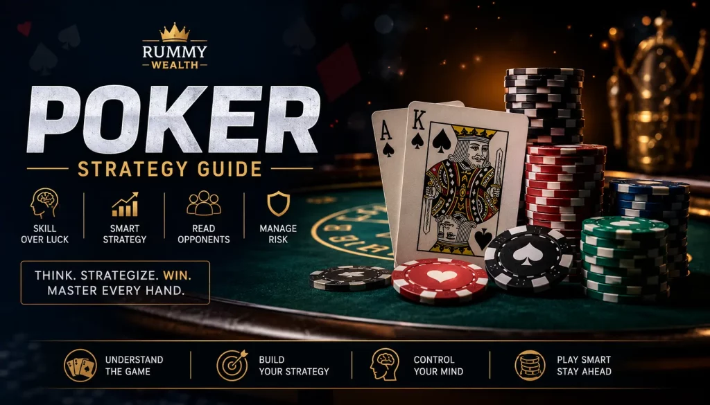 Cinematic poker strategy banner featuring a dark casino-style background with poker chips, playing cards, and dramatic lighting, highlighting poker strategy, skill-based gameplay, and risk management concepts in a premium online gaming aesthetic.