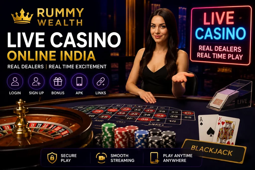 Luxury live casino online India banner featuring a dealer at a roulette table with neon lighting, Rummy Wealth branding, and promotional UI icons for login, sign up, bonus, APK, and links.