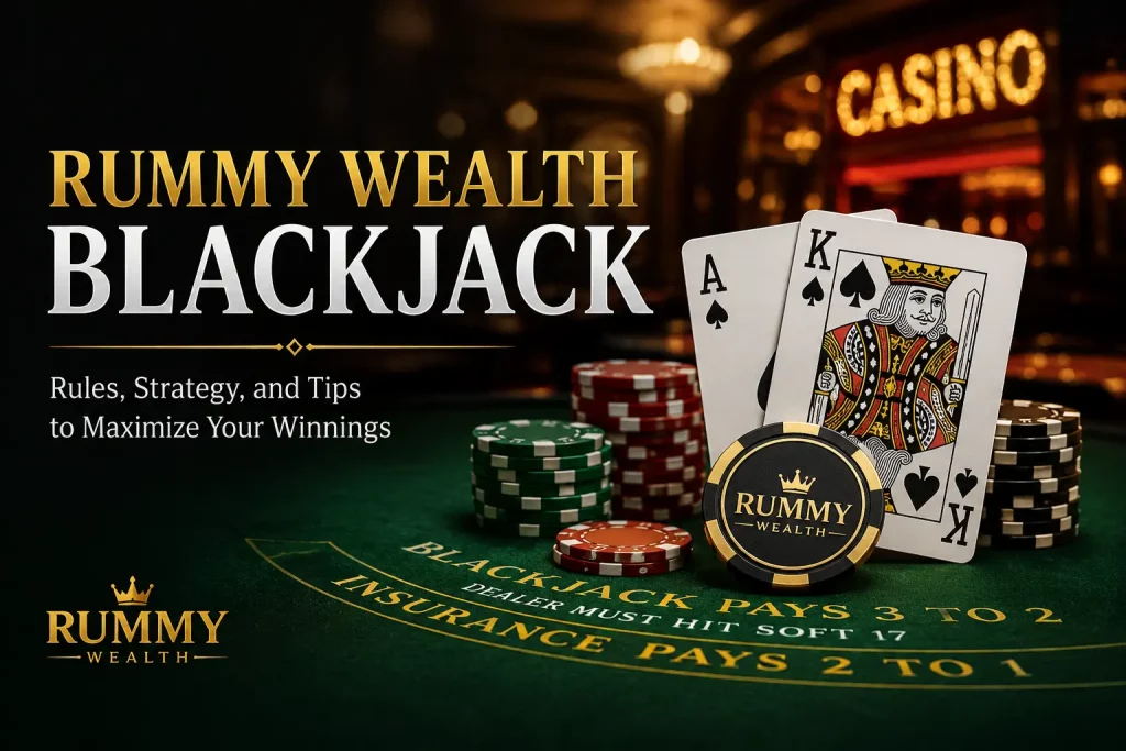 High-end casino-style banner for “Rummy Wealth Blackjack” featuring a green blackjack table, gold “Rummy Wealth” and “Blackjack” titles, playing cards, poker chips, and a luxurious blurred casino interior with warm lighting.
