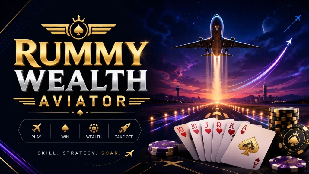 Rummy Wealth Aviator article image with airplane taking off, runway lights, playing cards, casino chips and aviation-themed gaming design.