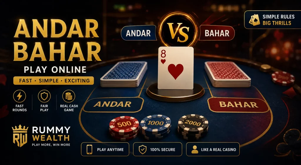 Luxury casino-style promotional banner for “Andar Bahar” online card game showing Andar vs Bahar matchup with playing cards, poker chips, and glowing gold interface elements on a dark gaming table background, highlighting fast real-money gameplay and Rummy Wealth branding.